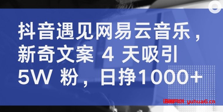 抖音遇见网易云音乐，新奇文案 4 天吸引 5W 粉，日挣1000+网赚课程-副业赚钱-互联网创业-手机赚钱-挂机躺赚-语画网创-精品课程-知识付费-源码分享-免费资源语画网创