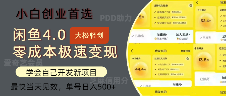 闲鱼0成本极速变现项目，多种变现方式 单号日入500+最新玩法网赚课程-副业赚钱-互联网创业-手机赚钱-挂机躺赚-语画网创-精品课程-知识付费-源码分享-免费资源语画网创